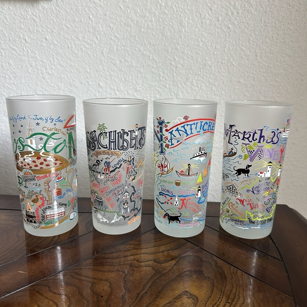 Catstudio New England USA Theme Frosted Tall Drinking Glasses 14 oz Set Of 4